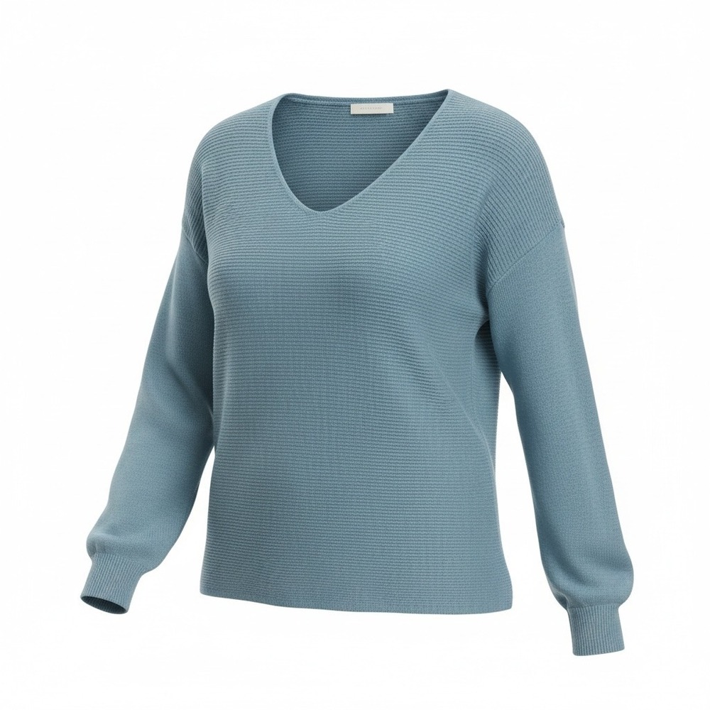 Ella Moss Ladies' Ribbed V-Neck Sweater‎ Cuffed Long Sleeve Top Blue L new